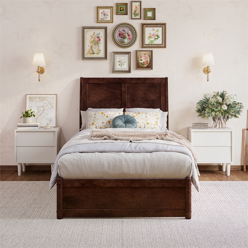 Andorra Twin XL Wood Platform Bed with Panel Footboard & TXL Trundle in Walnut