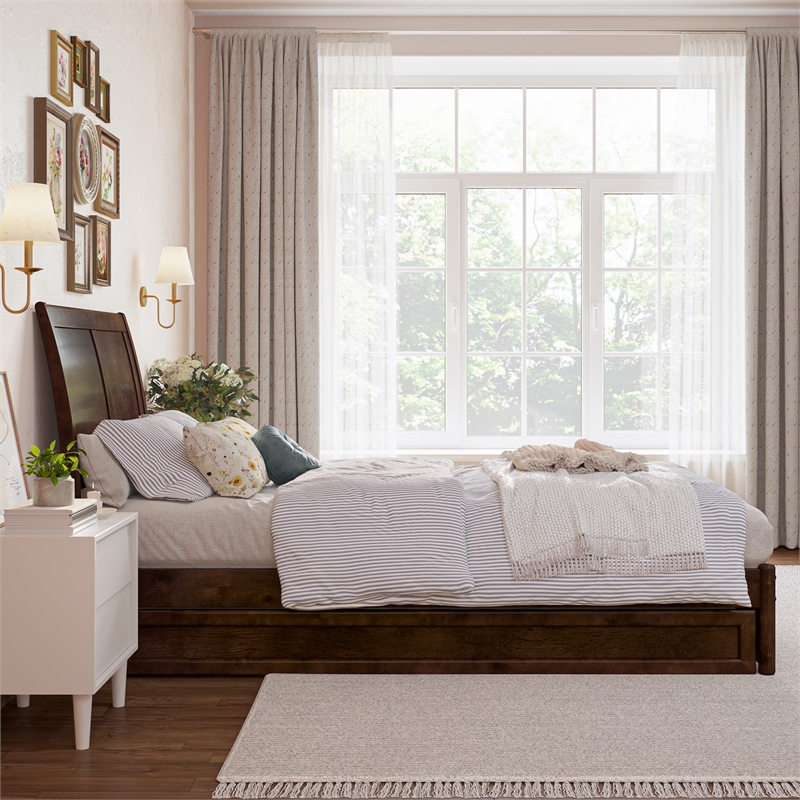 Andorra Twin XL Wood Platform Bed with Panel Footboard & TXL Trundle in Walnut