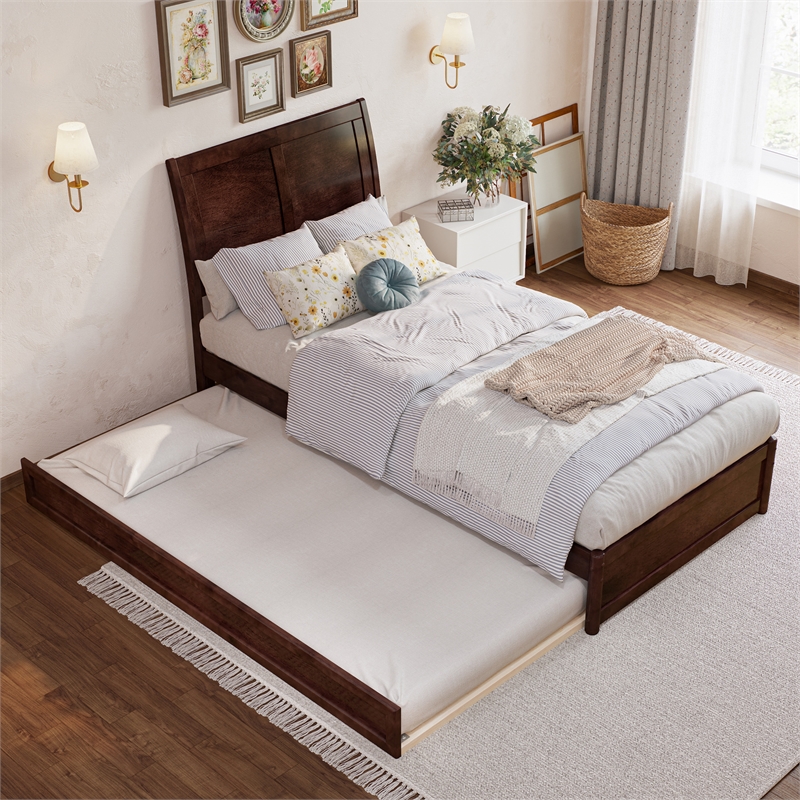 Andorra Twin XL Wood Platform Bed with Panel Footboard & TXL Trundle in Walnut