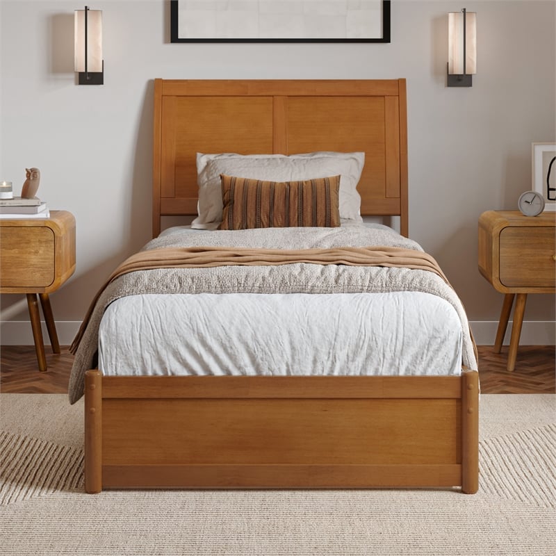 Andorra Twin XL Platform Bed with Panel Footboard & TXL Trundle in Light Toffee
