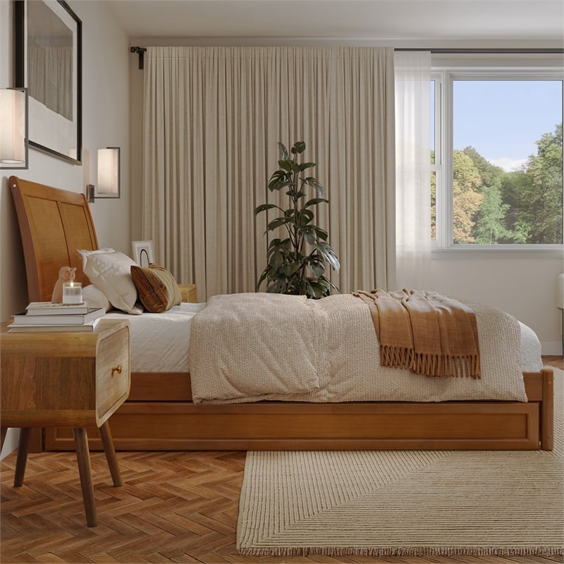 Andorra Twin XL Platform Bed with Panel Footboard & TXL Trundle in Light Toffee