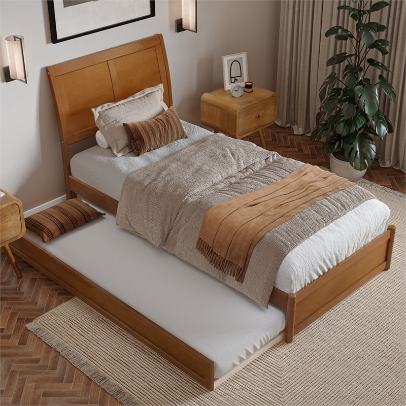 Andorra Twin XL Platform Bed with Panel Footboard & TXL Trundle in Light Toffee