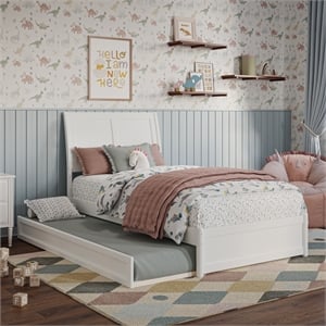 Andorra Twin Wood Platform Bed with Panel Footboard and Twin Trundle in White