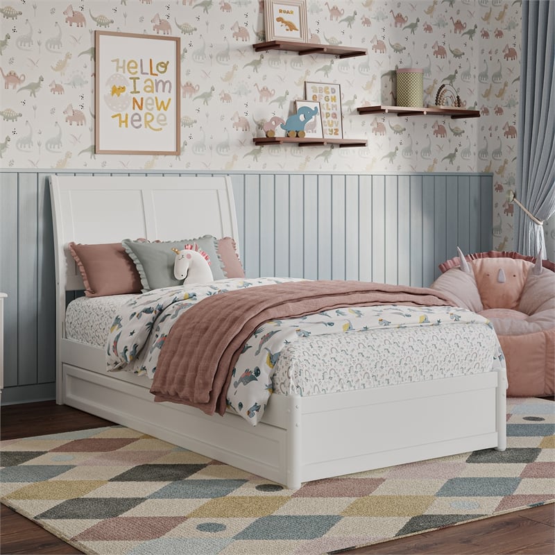 Andorra Twin Wood Platform Bed with Panel Footboard and Twin Trundle in White