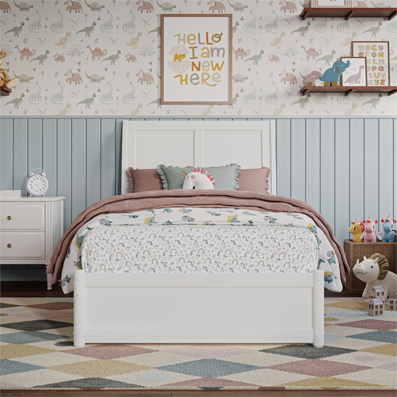 Andorra Twin Wood Platform Bed with Panel Footboard and Twin Trundle in White