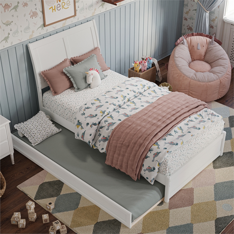 Andorra Twin Wood Platform Bed with Panel Footboard and Twin Trundle in White
