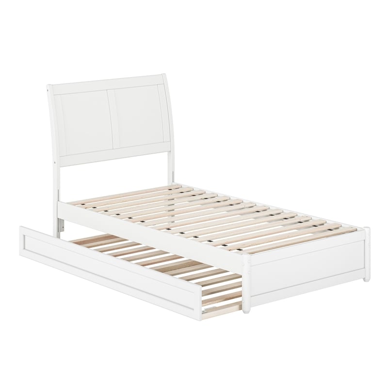 Andorra Twin Wood Platform Bed with Panel Footboard and Twin Trundle in White