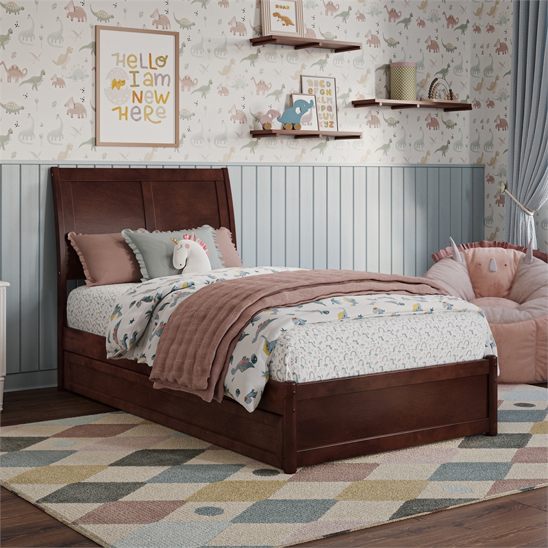 Andorra Twin Wood Platform Bed with Panel Footboard and Twin Trundle in Walnut