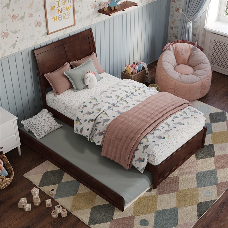 Andorra Twin Wood Platform Bed with Panel Footboard and Twin Trundle in Walnut