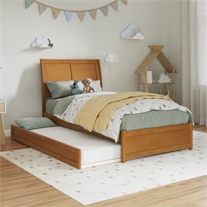Andorra Twin Platform Bed with Panel Footboard & Twin Trundle in Light Toffee