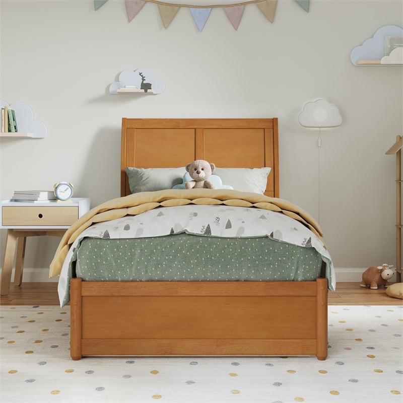 Andorra Twin Platform Bed with Panel Footboard & Twin Trundle in Light Toffee