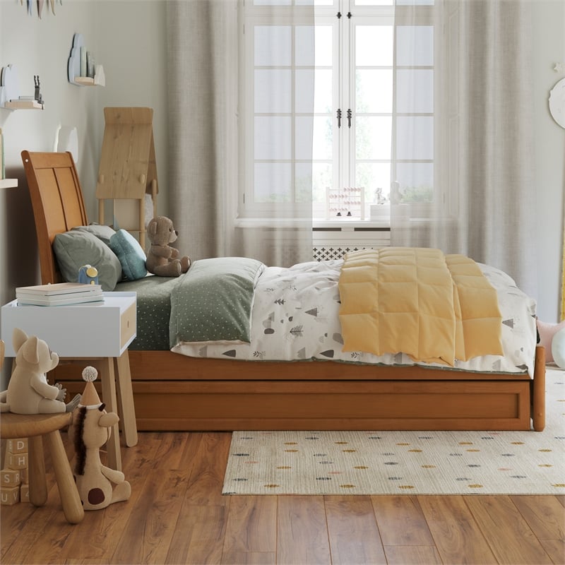 Andorra Twin Platform Bed with Panel Footboard & Twin Trundle in Light Toffee