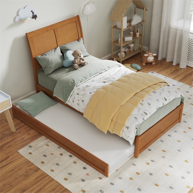 Andorra Twin Platform Bed with Panel Footboard & Twin Trundle in Light Toffee