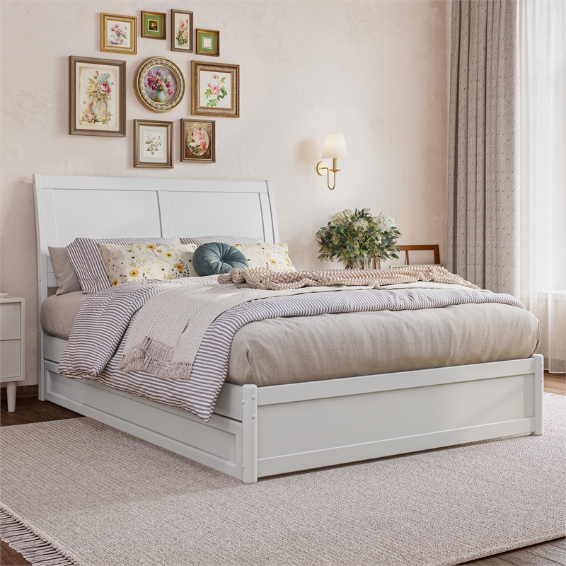 Andorra Full Wood Platform Bed with Panel Footboard and Twin Trundle in White