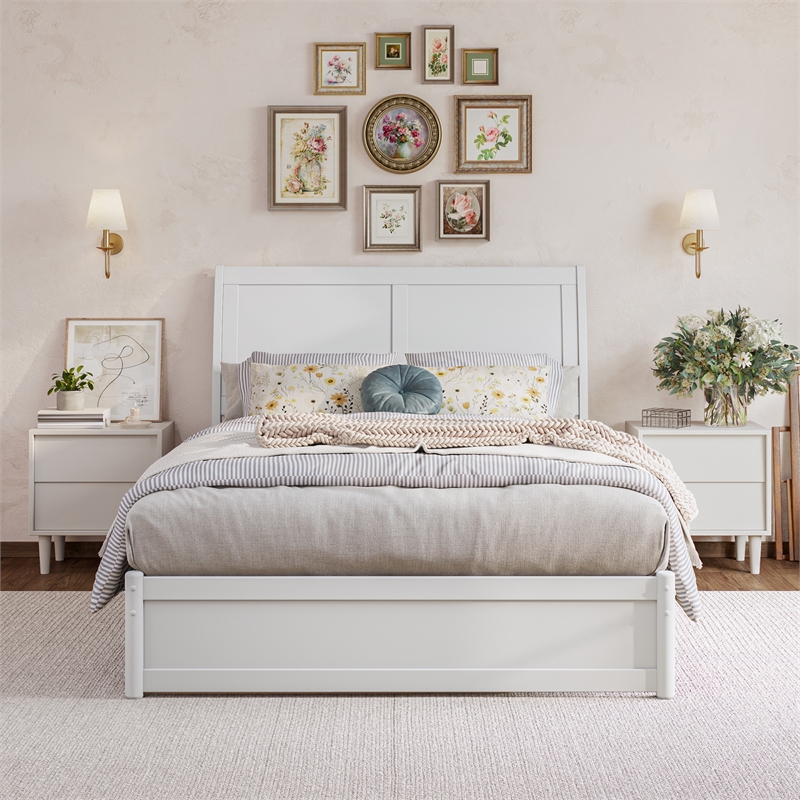 Andorra Full Wood Platform Bed with Panel Footboard and Twin Trundle in White