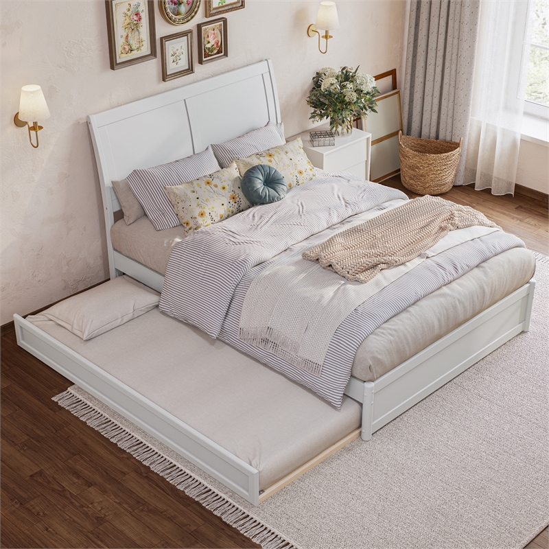 Andorra Full Wood Platform Bed with Panel Footboard and Twin Trundle in White