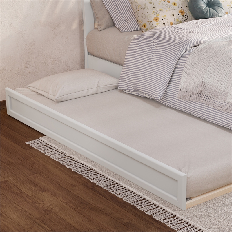 Andorra Full Wood Platform Bed with Panel Footboard and Twin Trundle in White