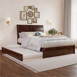 Andorra Full Wood Platform Bed with Panel Footboard and Twin Trundle in Walnut
