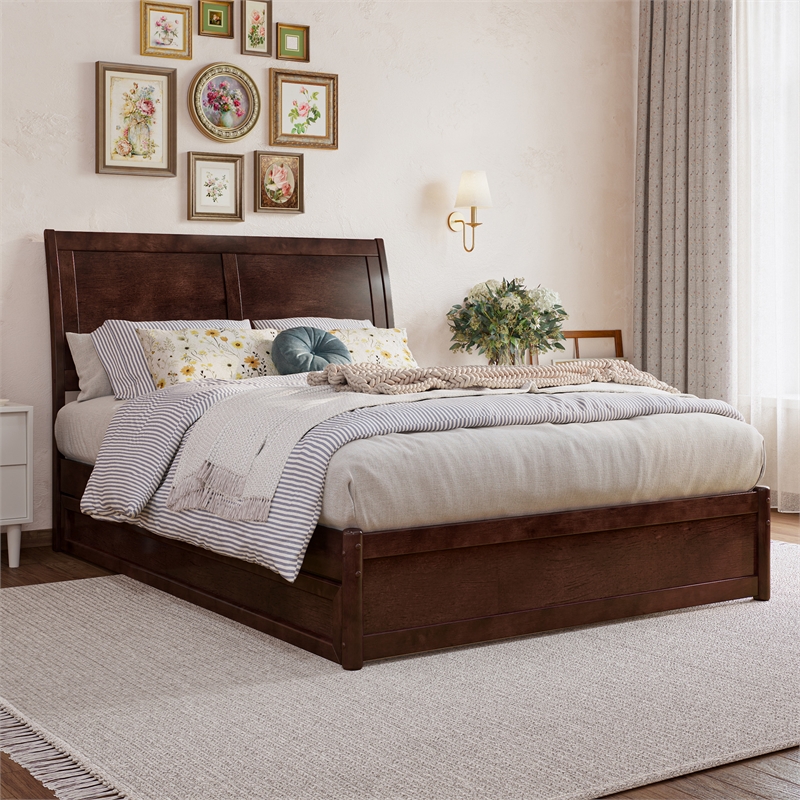 Andorra Full Wood Platform Bed with Panel Footboard and Twin Trundle in Walnut
