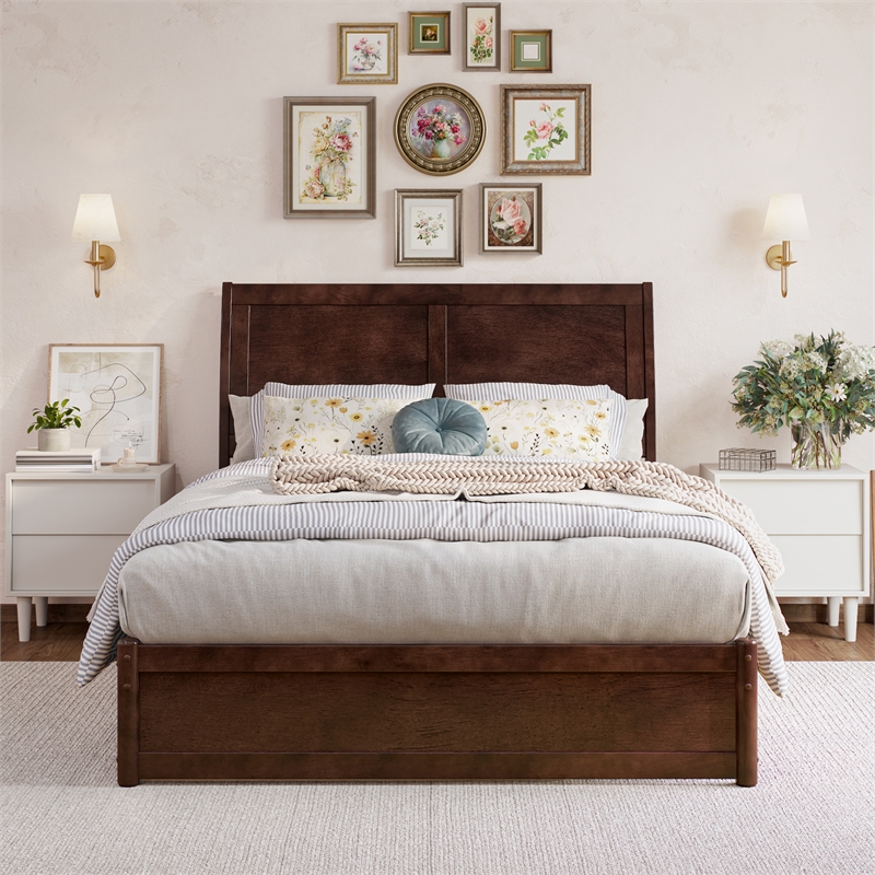 Andorra Full Wood Platform Bed with Panel Footboard and Twin Trundle in Walnut