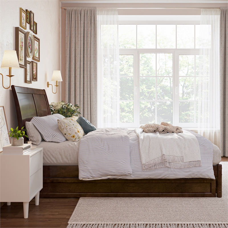 Andorra Full Wood Platform Bed with Panel Footboard and Twin Trundle in Walnut