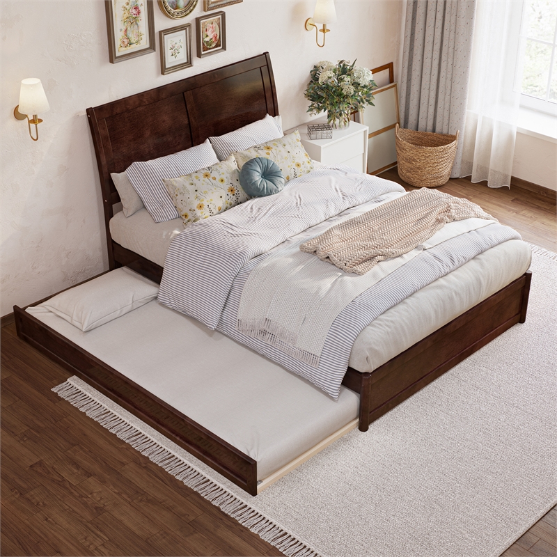 Andorra Full Wood Platform Bed with Panel Footboard and Twin Trundle in Walnut