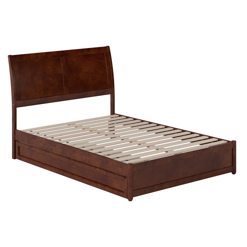 Andorra Full Wood Platform Bed with Panel Footboard and Twin Trundle in Walnut