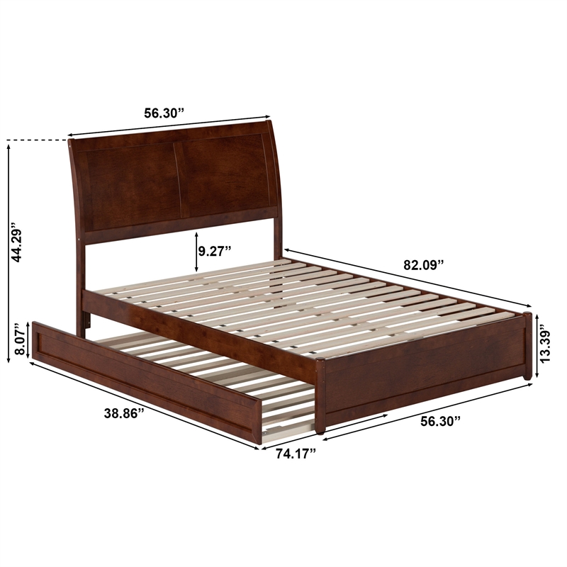 Andorra Full Wood Platform Bed with Panel Footboard and Twin Trundle in Walnut