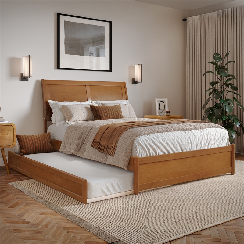 Andorra Full Platform Bed with Panel Footboard & Twin Trundle in Light Toffee