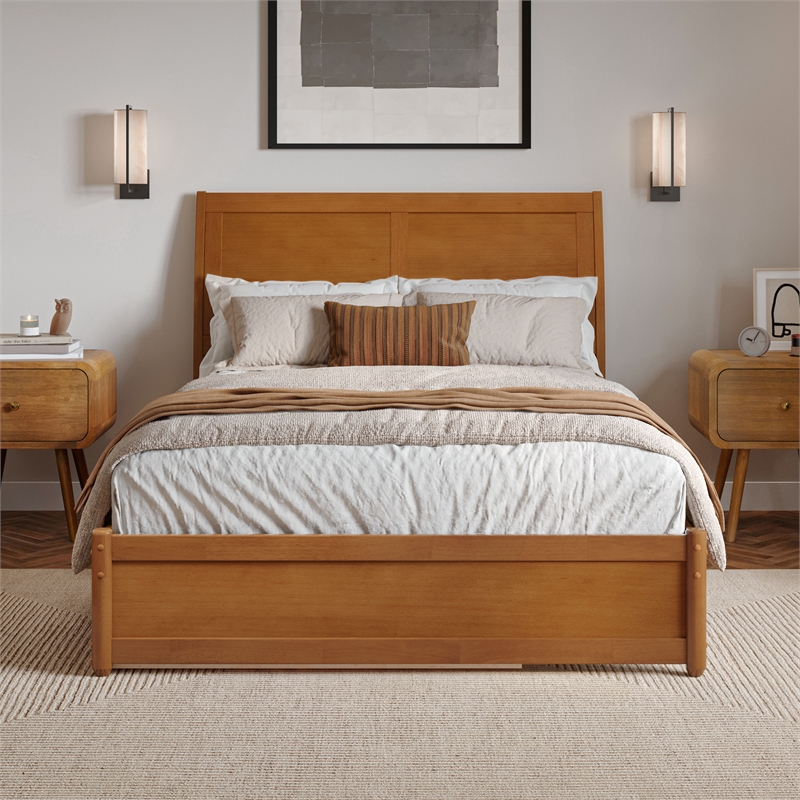Andorra Full Platform Bed with Panel Footboard & Twin Trundle in Light Toffee