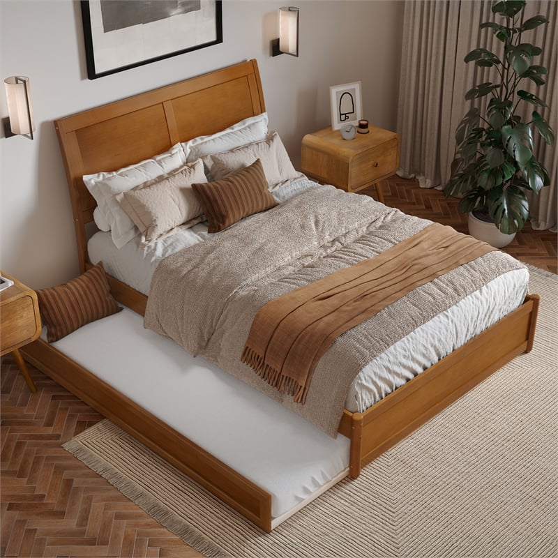 Andorra Full Platform Bed with Panel Footboard & Twin Trundle in Light Toffee