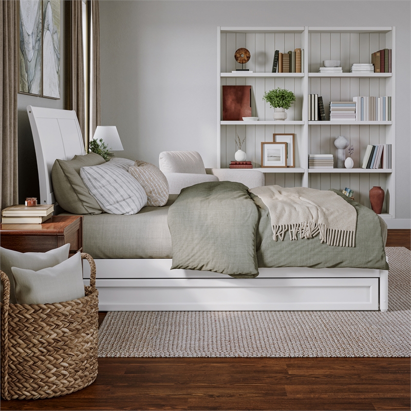 Andorra Queen Wood Platform Bed with Panel Footboard & Twin XL Trundle in White