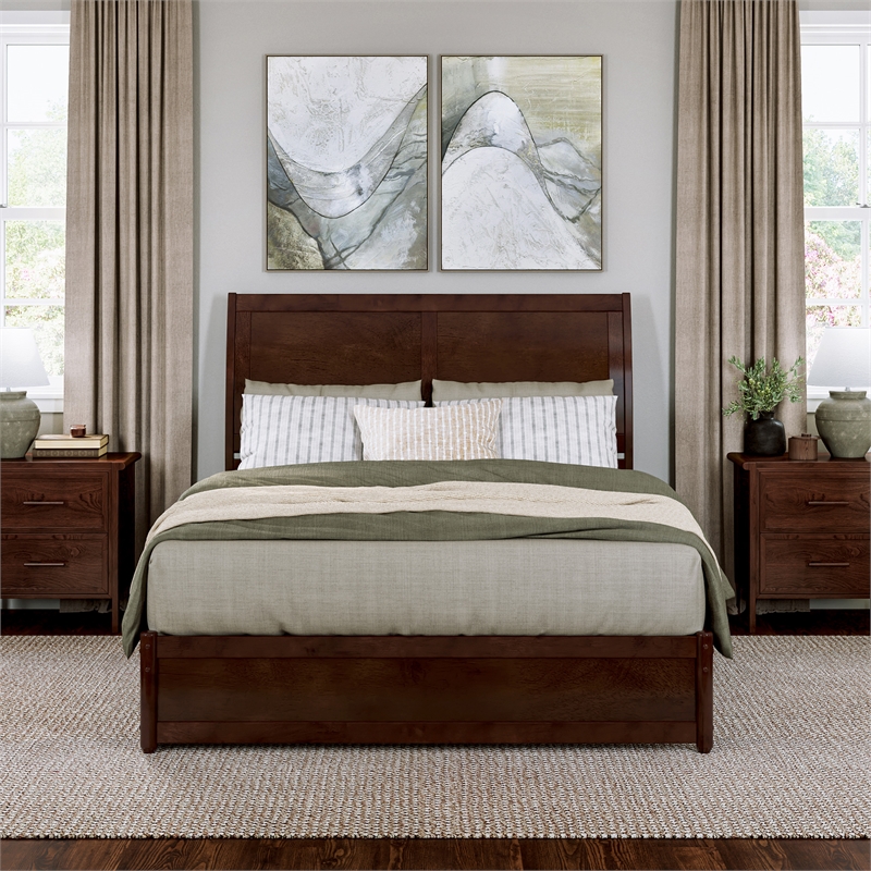 Andorra Queen Wood Platform Bed with Panel Footboard & Twin XL Trundle in Walnut