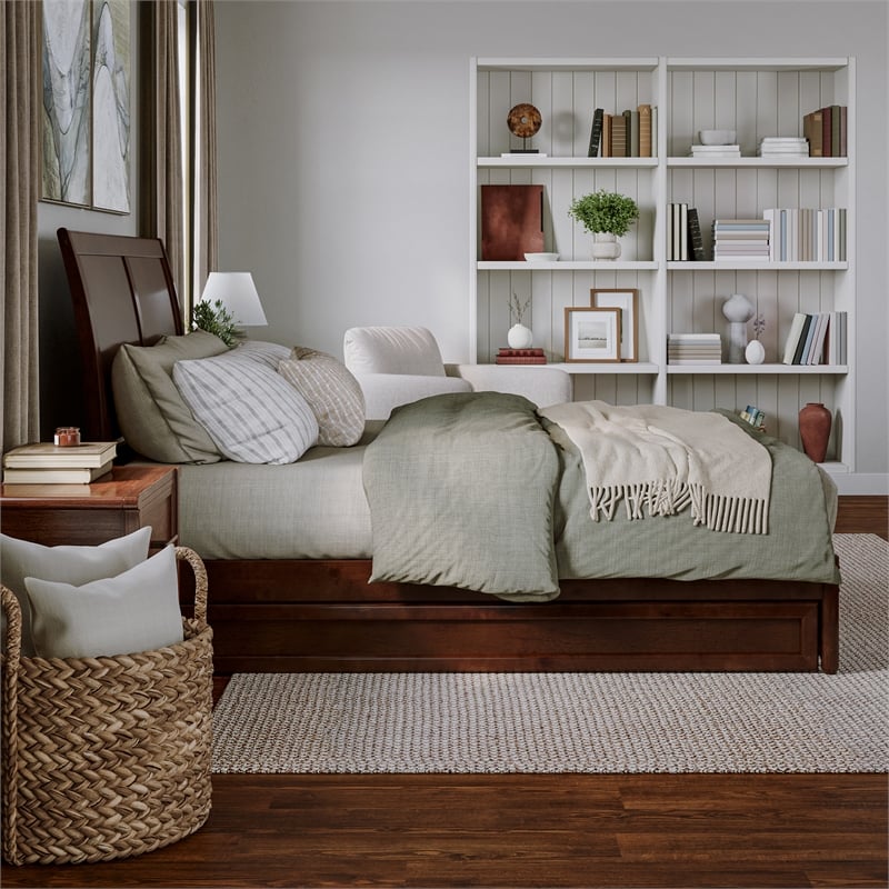 Andorra Queen Wood Platform Bed with Panel Footboard & Twin XL Trundle in Walnut