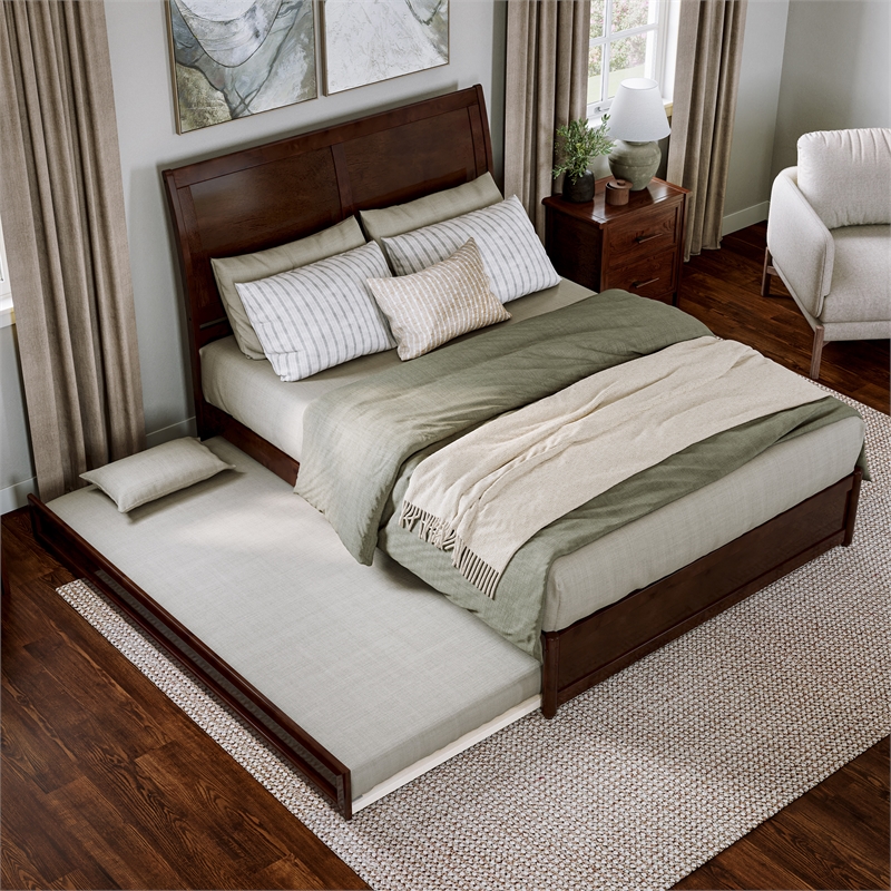 Andorra Queen Wood Platform Bed with Panel Footboard & Twin XL Trundle in Walnut