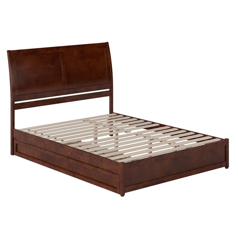 Andorra Queen Wood Platform Bed with Panel Footboard & Twin XL Trundle in Walnut
