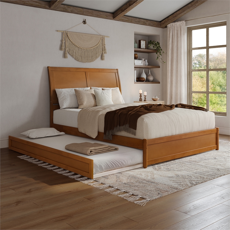 Andorra Queen Platform Bed with Panel Footboard & TXL Trundle in Light Toffee