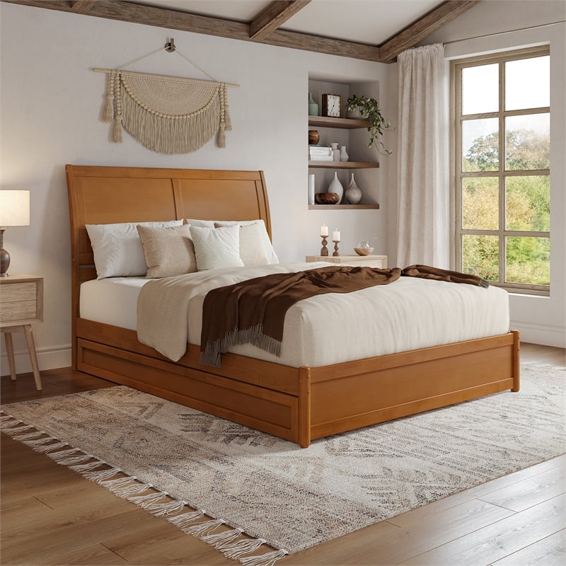 Andorra Queen Platform Bed with Panel Footboard & TXL Trundle in Light Toffee