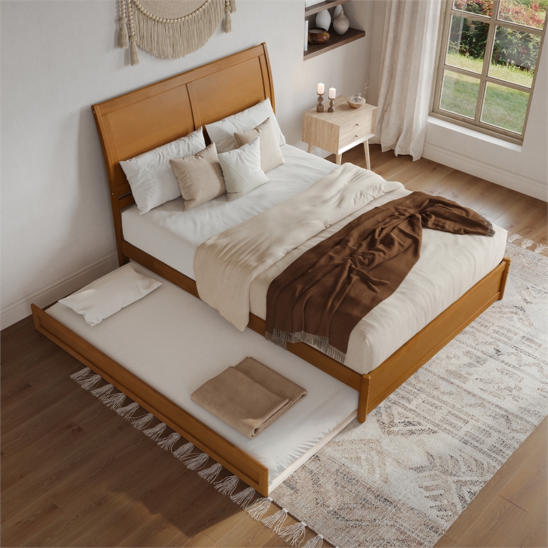 Andorra Queen Platform Bed with Panel Footboard & TXL Trundle in Light Toffee