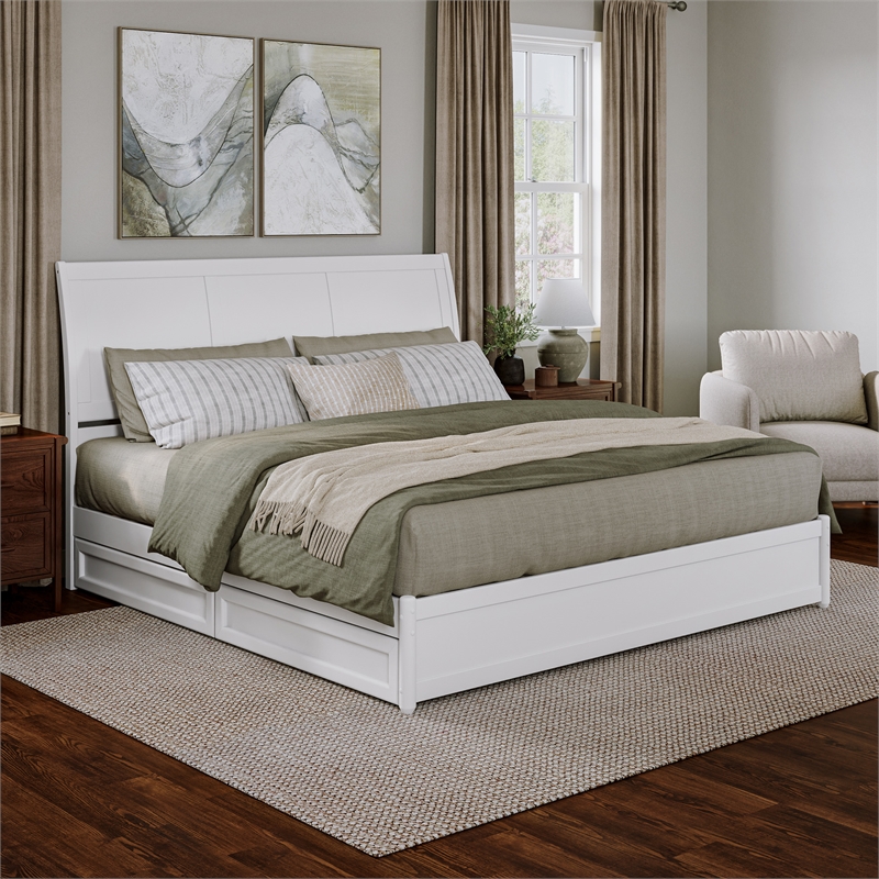 Andorra King Wood Platform Bed with Panel Footboard and Storage Drawers in White