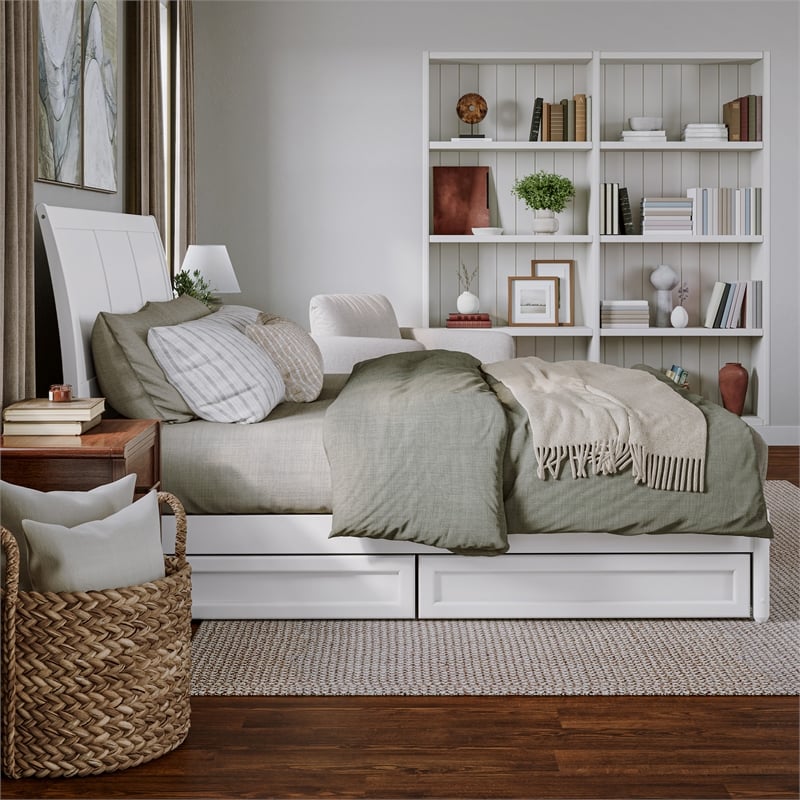 Andorra King Wood Platform Bed with Panel Footboard and Storage Drawers in White