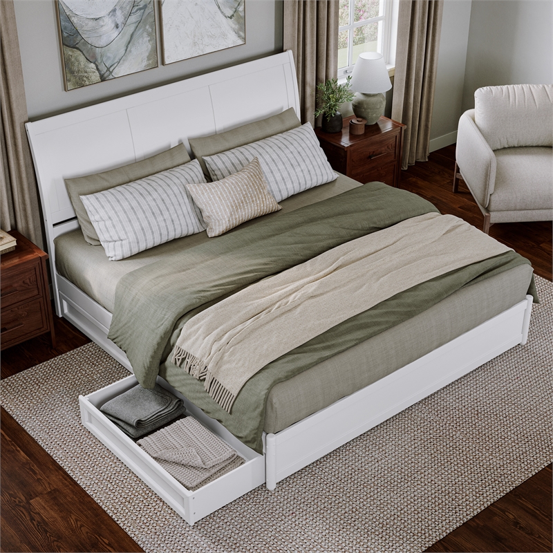 Andorra King Wood Platform Bed with Panel Footboard and Storage Drawers in White