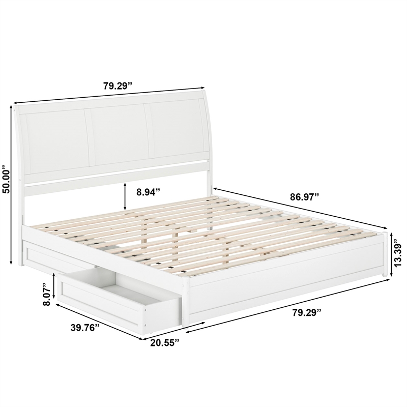 Andorra King Wood Platform Bed with Panel Footboard and Storage Drawers in White