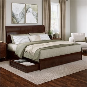 Andorra King Wood Platform Bed with Panel Footboard & Storage Drawers in Walnut