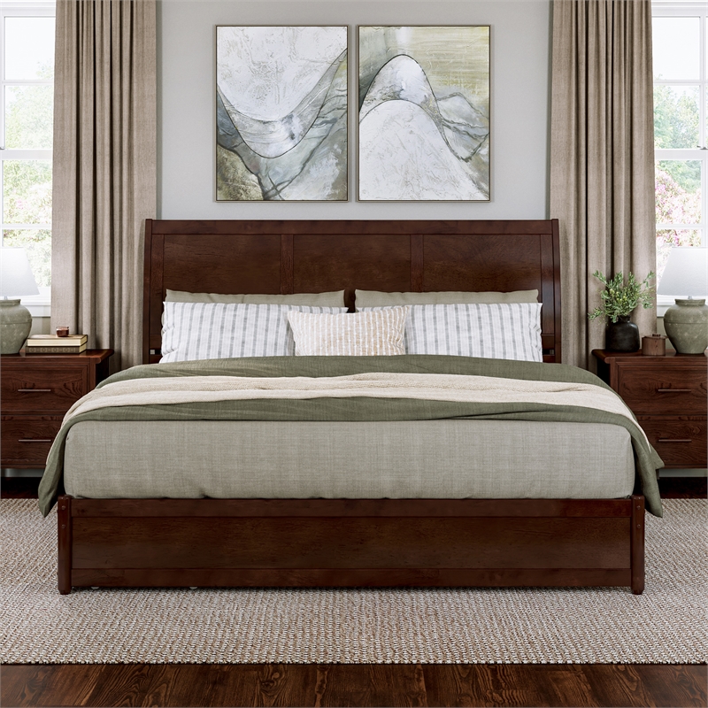 Andorra King Wood Platform Bed with Panel Footboard & Storage Drawers in Walnut