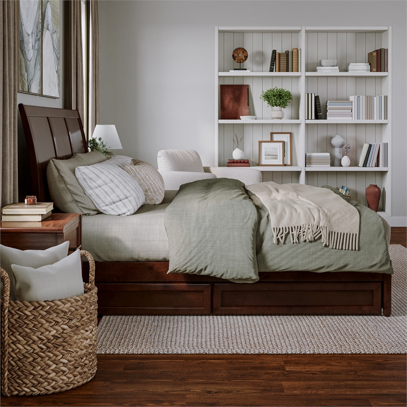 Andorra King Wood Platform Bed with Panel Footboard & Storage Drawers in Walnut