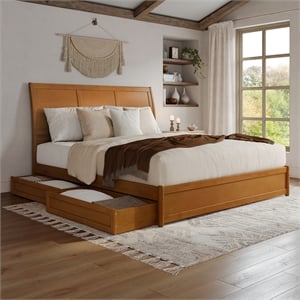 Andorra King Wood Platform Bed with Panel Footboard & Drawers in Light Toffee