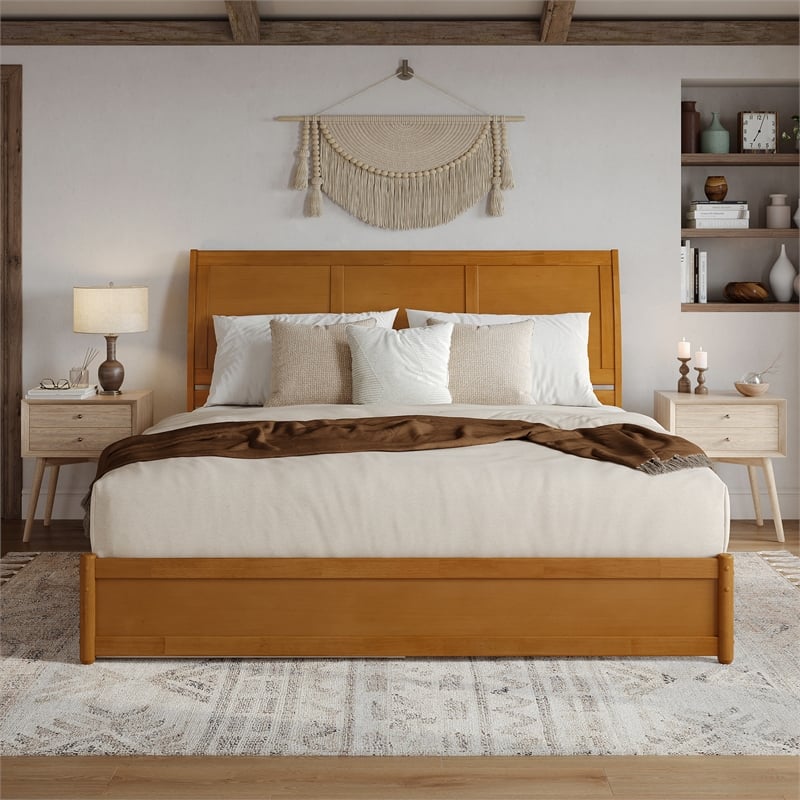 Andorra King Wood Platform Bed with Panel Footboard & Drawers in Light Toffee