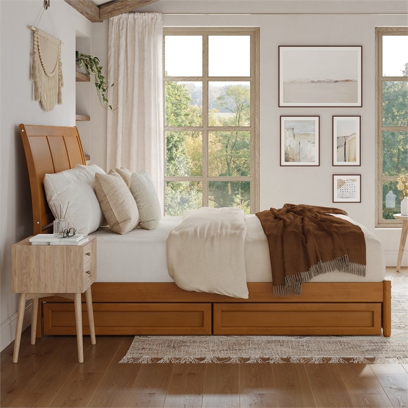 Andorra King Wood Platform Bed with Panel Footboard & Drawers in Light Toffee