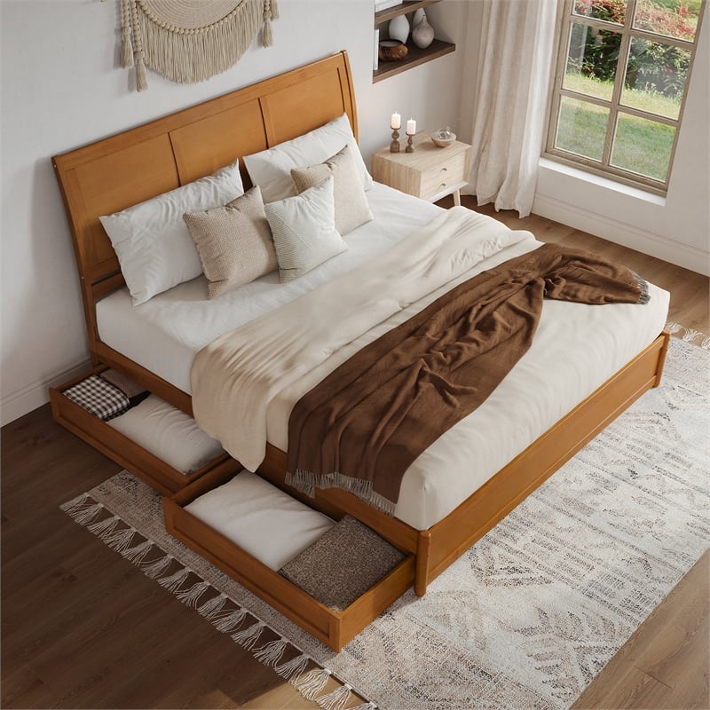 Andorra King Wood Platform Bed with Panel Footboard & Drawers in Light Toffee